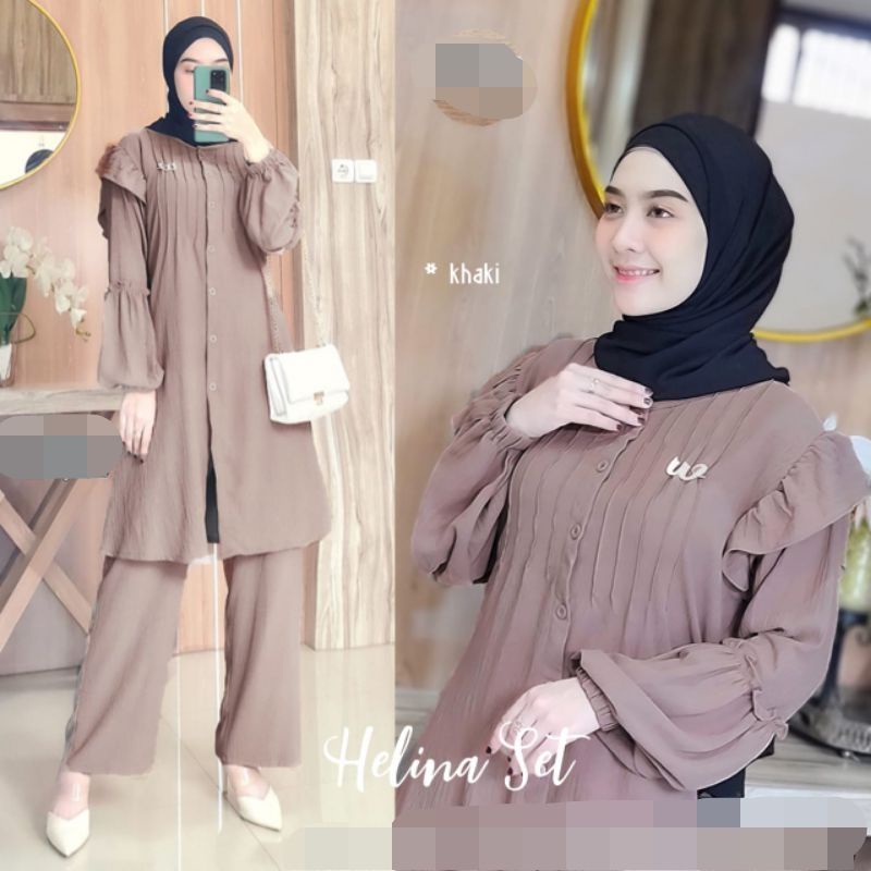 Helina Set Free Bross/Stelan Long Tunik Cringkle Tangan Balon/One Set Long Tunik Airflow