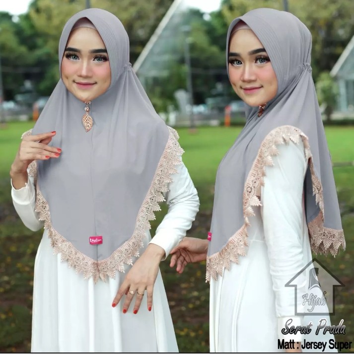 Jilbab Instan Serut Prada Renda Import Jersey Super Premium Model Bergo Terbaru-Abu Abu