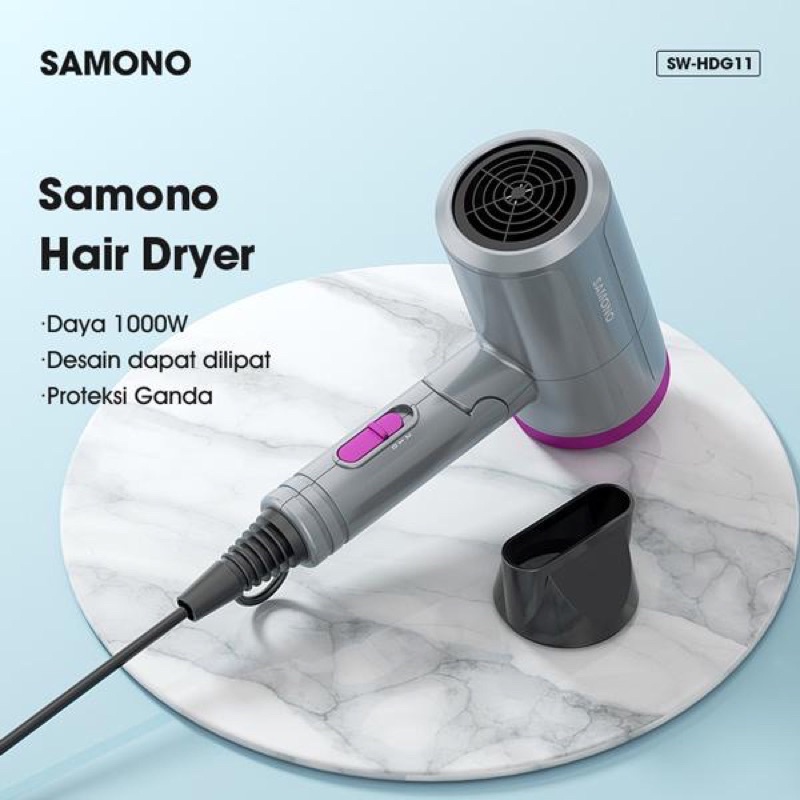 Samono Hair Dryer 1000Watt Pengering Rambut Dapat Dilipat 2 Tingkat Kecepatan Proteksi Ganda Garansi Original Resmi