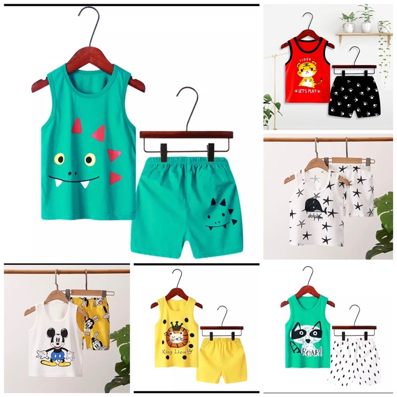 SETELAN SINGLET ANAK KARAKTER KARTUN,ANIMAL,HEWAN,DINO,SINGA,LION,PAUS,SERIGALA SIZE 6 BULAN-3 TAHUN PAKAI