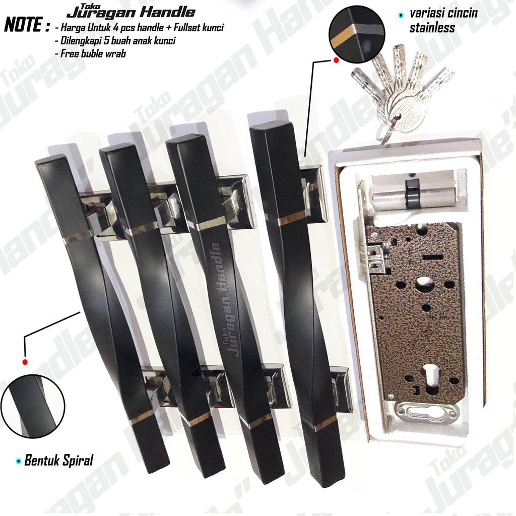 paket lengkap handle pintu rumah 35 cm dan kunci pintu tarikan pegangan pintu minimalis gagang pintu set kunci model spiral hitam