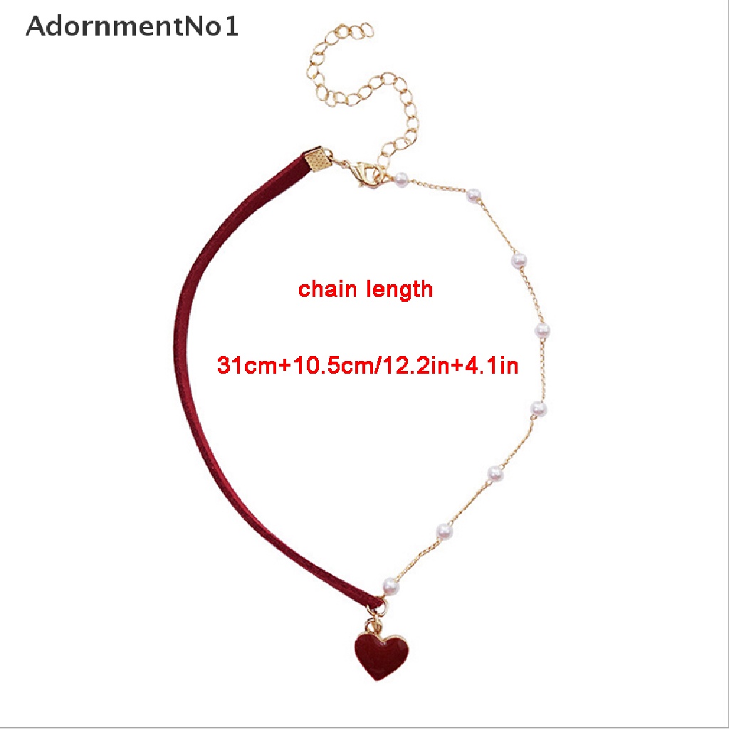 (AdornmentNo1) Kalung Choker Asimetris Liontin Hati Merah + Mutiara Imitasi Untuk Wanita