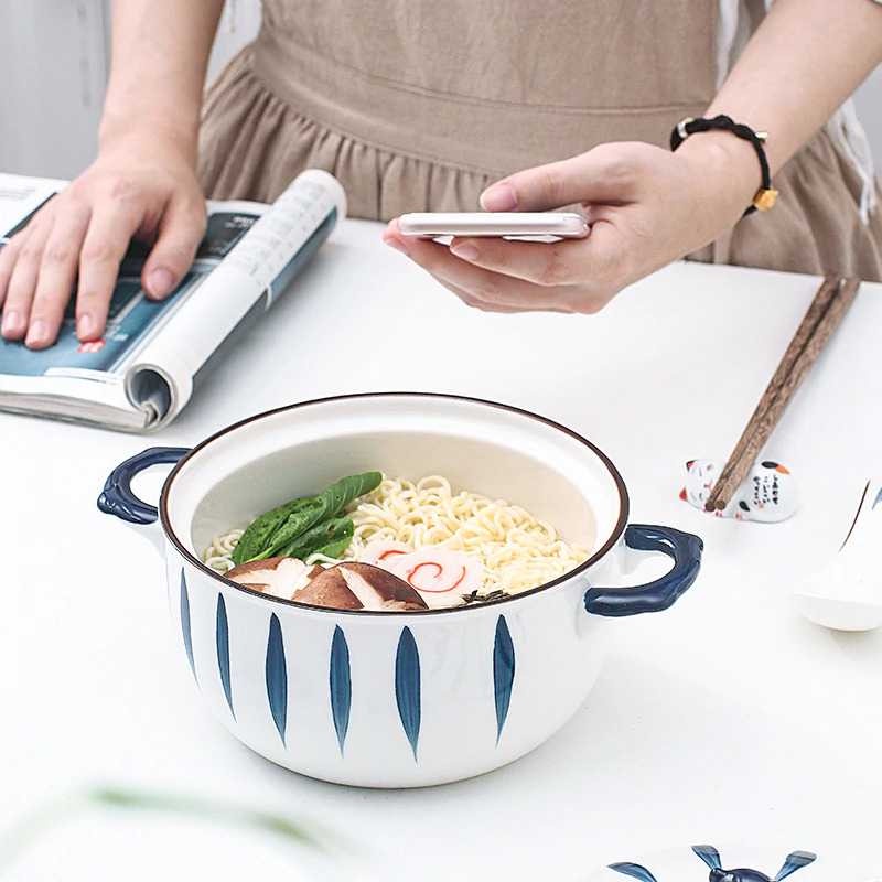 Mangkok Keramik dengan Pegangan dan Tutup Bowl Japanese Style