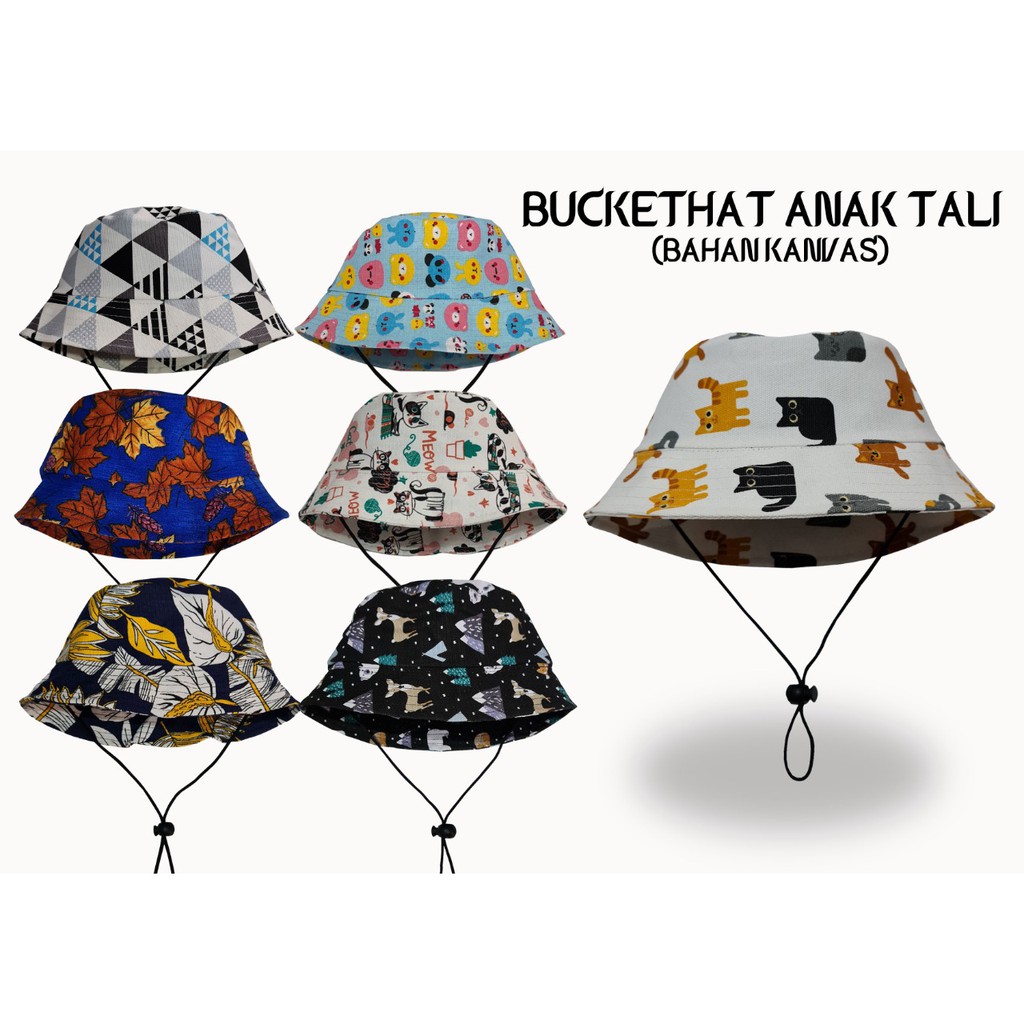 Topi Bucket Anak Tali Bahan Canvas Tebal Motif