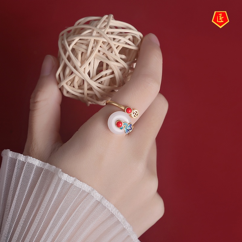 Chinese Style Retro Xiangyun Ring Female Ancient Style Enamel Painted Hetian Jade Fashion Personalized Tail Ring