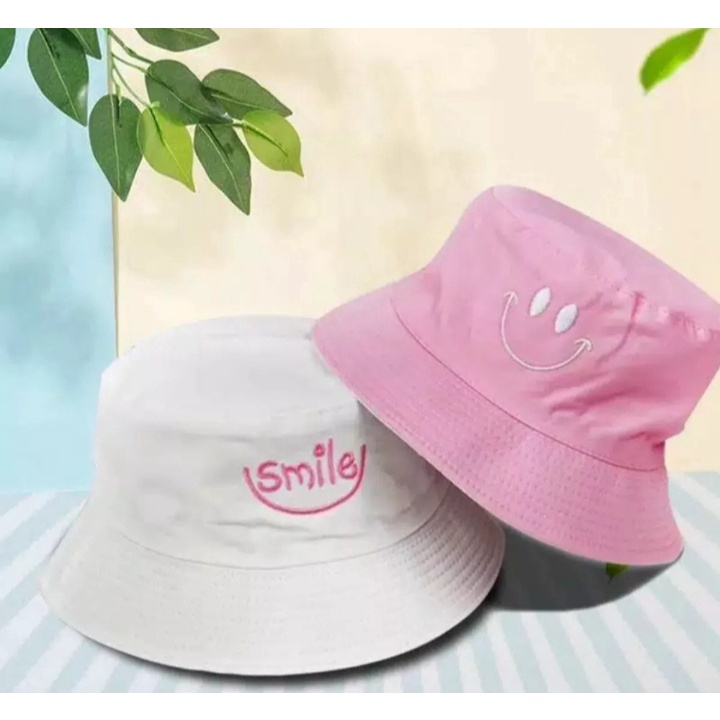 BEST SELLER !! Topi Bucket Wanita Motif Smile 2 Sisi Bolak-Balik Terlaris