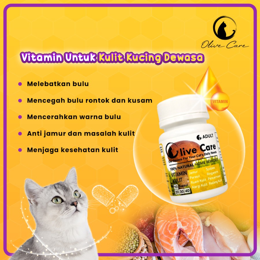 Olive Care Vitamin kulit kucing dewasa Jamur, Scabies, Ringworm Obat jamur Kucing