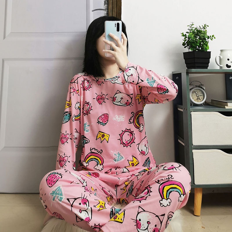 Setelan Lengan Panjang Piyama Baju Tidur Wanita Kartun Karakter Pajamas Dewasa set Piama Wanita-Pink cat