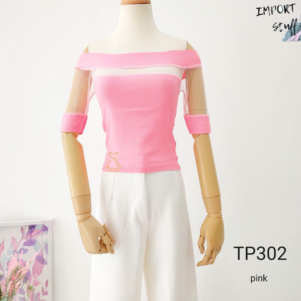 TP302 - BAJU ATASAN SABRINA SCUBA PINK POLOS IMPORT MURAH