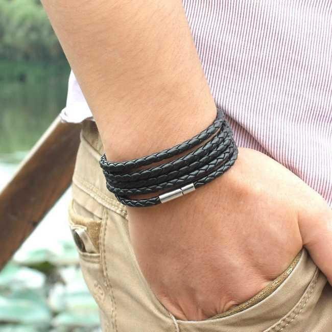 Gelang Tangan Braided bahan Kulit 5 Laps - LZ045 - Black