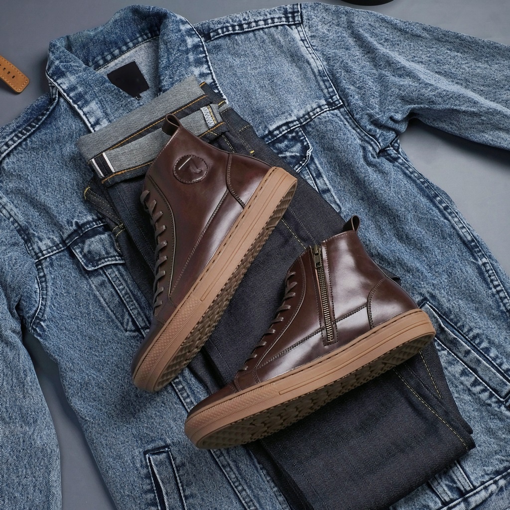 BRAVE BLACK SOLID GUM ORIGINAL x REYL MAN Sepatu Kulit Sapi Asli Pria Boots Tinggi Hitam Tali Resleting Casual Formal Klasik Vintage Jalan Kuliah Kerja Touring Riding Motor Classic High Zipper Boot Genuine Leather Footwear Big Size Ukuran Jumbo 44 Branded