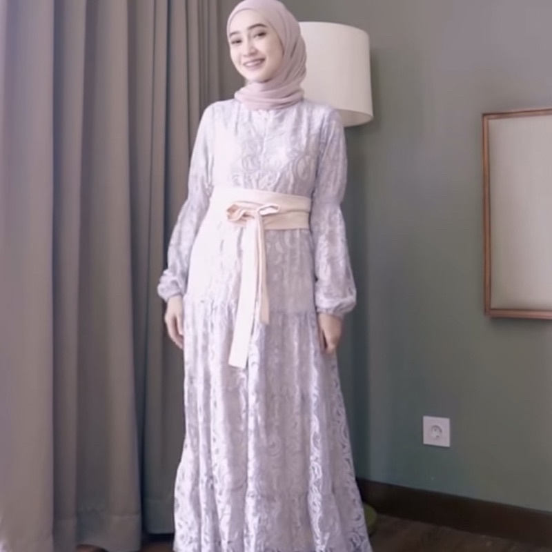 Shinta Premium Maxi Brokat Import Dress with Obi Belt / Gamis Brukat Pesta Wanita Mewah Elegant Busui Friendly dengan Sabuk