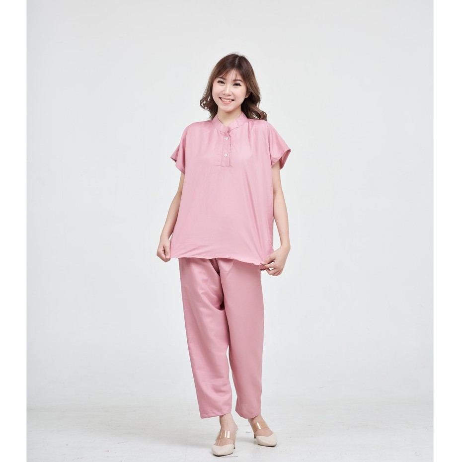 IZANY Piyama ONE SET AEON / Setelan Aeon Lengan Pendek Allsize Plain Polos-DUSTY PINK PLAIN