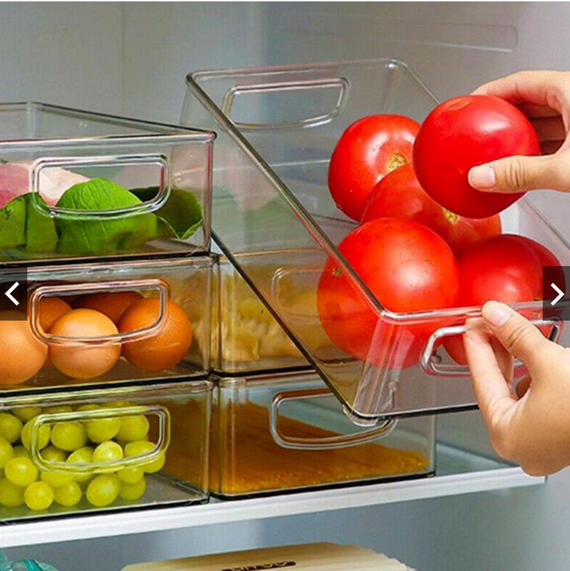 Clear Refrigerator Organizer Stackable Boxes, Kitchen Organizers with Cutout Clear Plastic Handle Pantry Food Storage