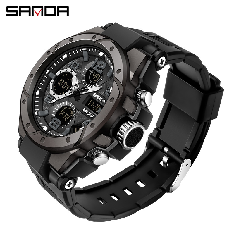 SANDA Jam Tangan Pria Olahraga Mewah Waterproof Quartz LED