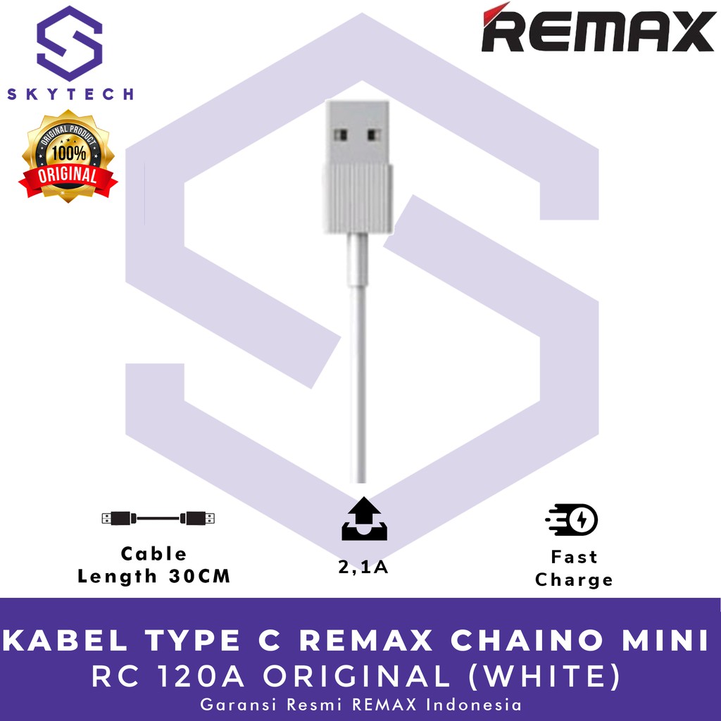 KABEL TYPE C REMAX CHAINO MINI 0,3M WHITE RC 120A ORIGINAL GARANSI RESMI