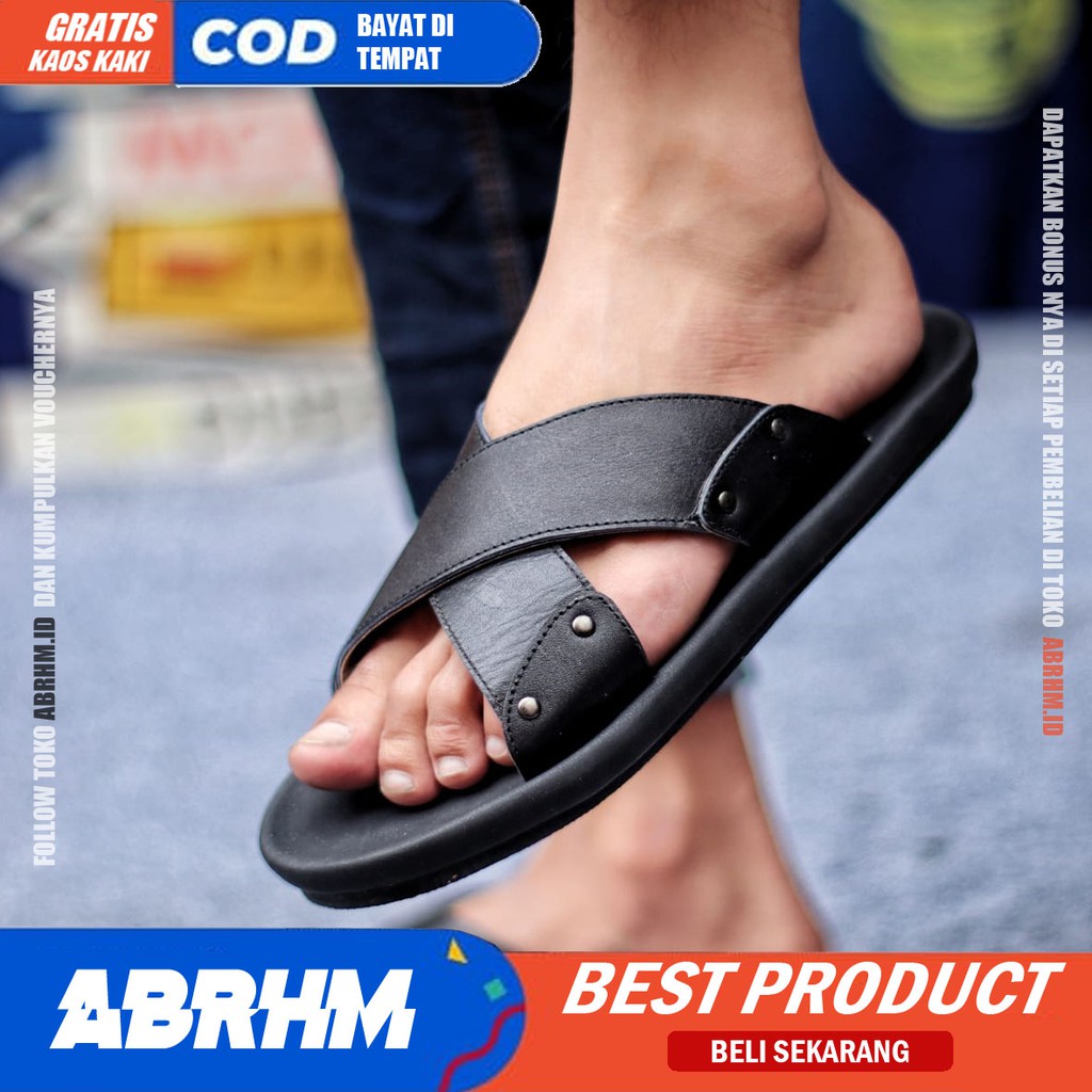 ABRHM x XMIN Sandal Slide Pria Sandal Slop Pria Kulit Asli Sendal Selop Cowok / Cowo Ori Kekinian