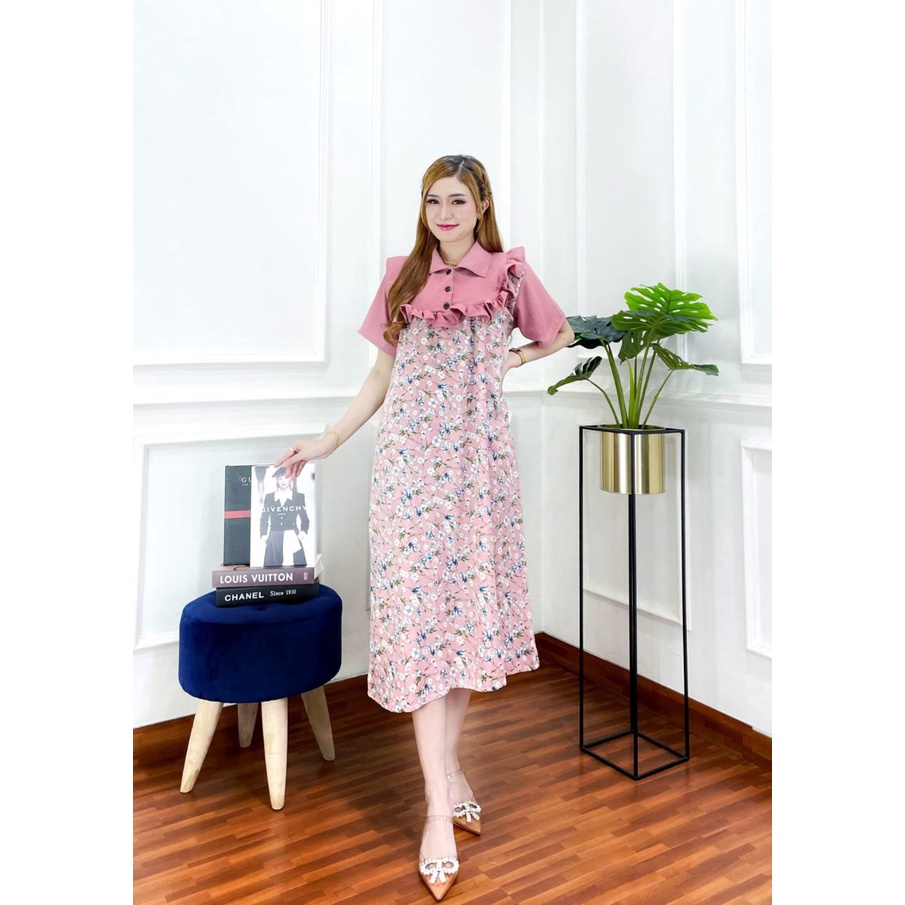 Flower Sakura Dress Wanita Jumbo Rayon Armor Kombinasi Crinkle Airflow Premium Baju Wanita Kekinian Lengan Pendek Maxydress  LD 110 cm