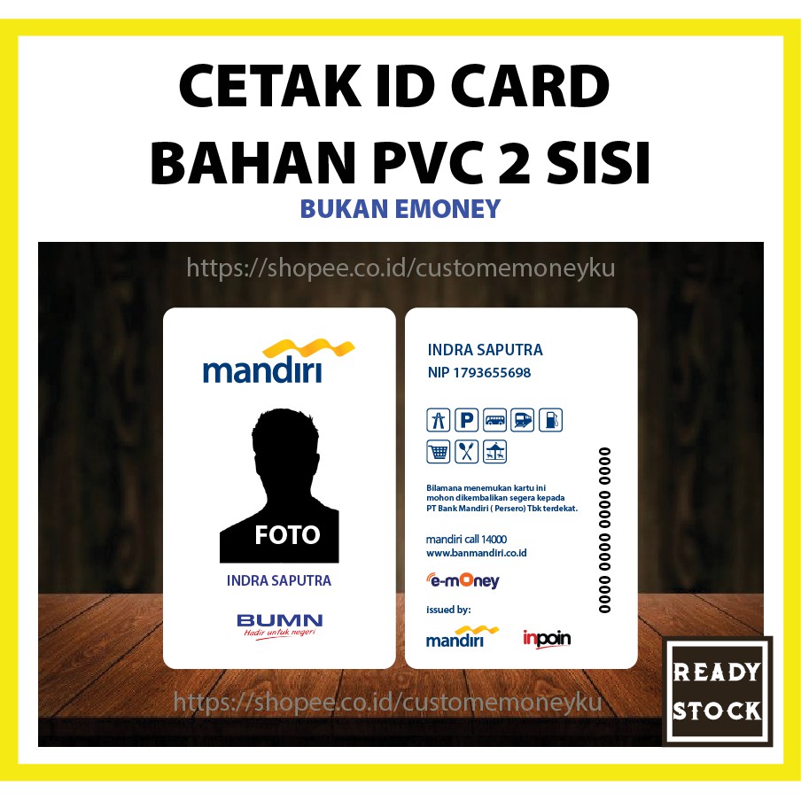 CUSTOM KARTU BAHAN PVC ID CARD BANK MANDIRI PUTIH KARTU PEGAWAI - 2 SISI