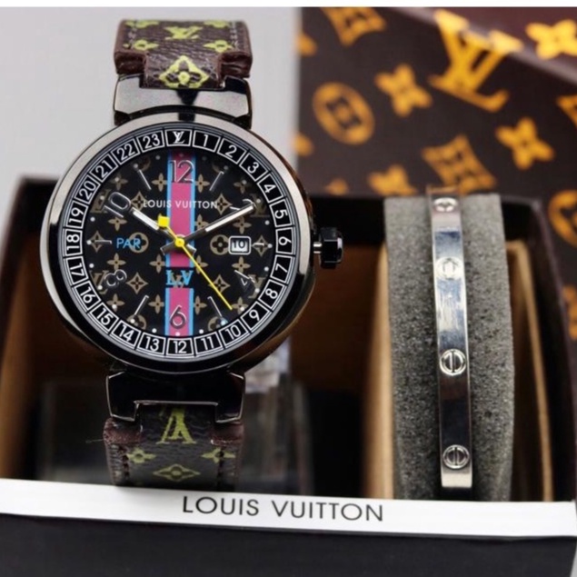 Grosir Jam Tangan Wanita Lv 36100 PW Tali Kulit Tanggal Aktif Paket Free Box Ori & Baterai