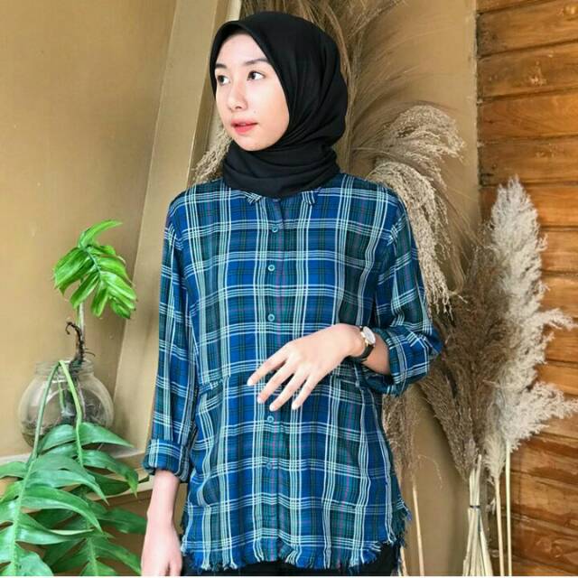 H&M flanel navy green kemeja wanita Hnm basic shirt longsleeve kerja kantor/kemeja tartan kotak b66