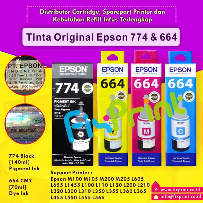 PAKET Tinta Epson T774 774 Black + T664 664 Cyan Magenta Yellow Refill Printer L605 L655 L1455