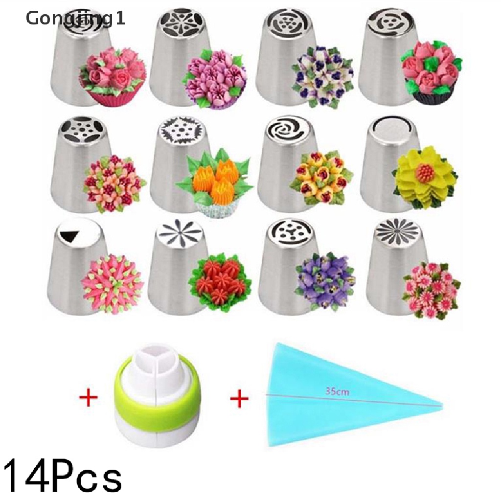 Gongjing1 14pcs / Set Spuit Piping Icing Bentuk Tulip Rusia Bahan Stainless Steel Untuk Dekorasi Kue