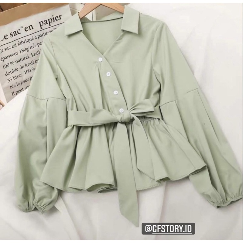 Blouse/ kemeja/atasan wanita ikat pinggang warna pastel korea style
