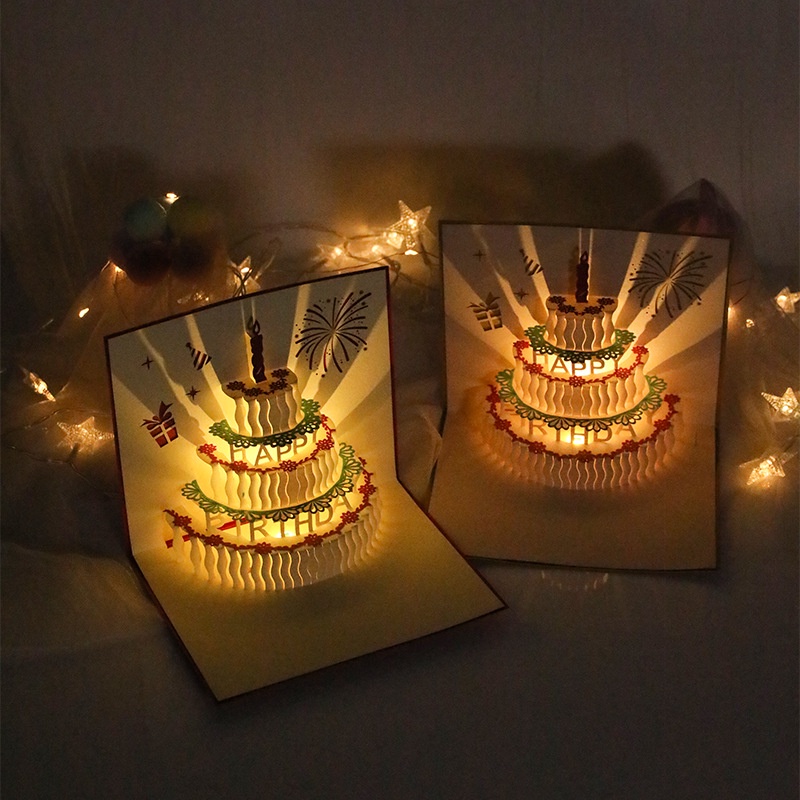 new!!Livi Kartu Ucapan Pop Up 3D ada lampu dan musik Tulisan Happy Birthday dengan Amplop