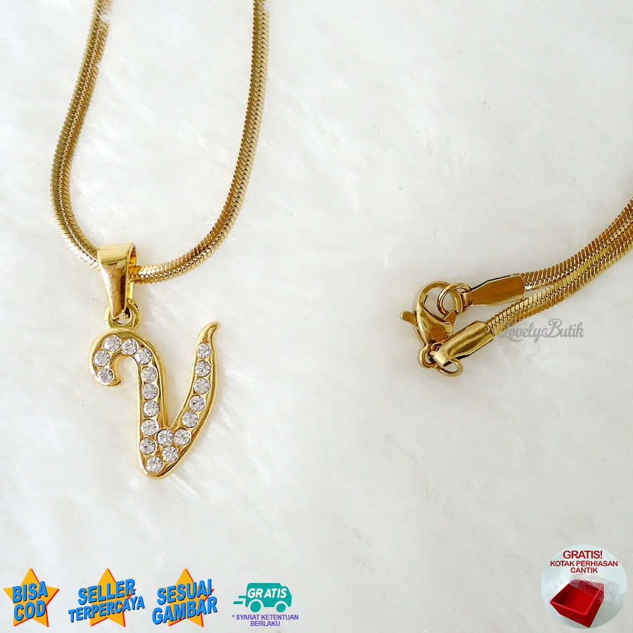 Lovelybutik Honey Kalung Inisial Huruf Titanium Anti Karat Kalung Hurup Abjad Alphabet Ins V Klasik  BONUS KOTAK PERHIASAN