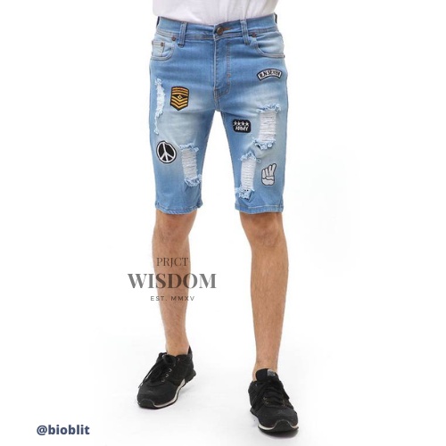 Wisdom - Short Pants Ripped  Skinny Jeans Celana Pendek Pria Sticker Motive Material Denim Softjeans Stretch ORIGINAL - Bioblit