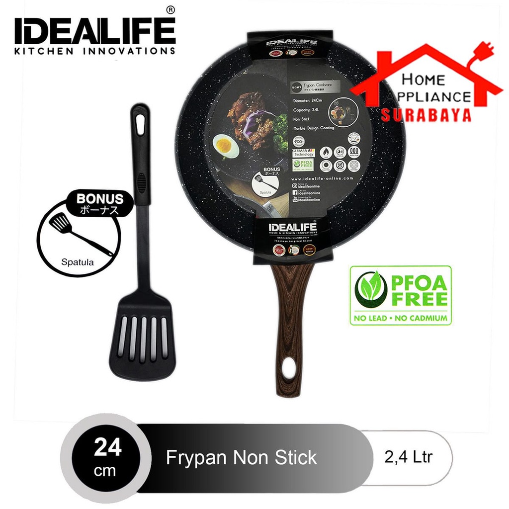 IDEALIFE Panci Cookware Frypan - Fry Pan Marble Anti Lengket + Spatula 20CM IL-20FP / 24CM IL-24FP