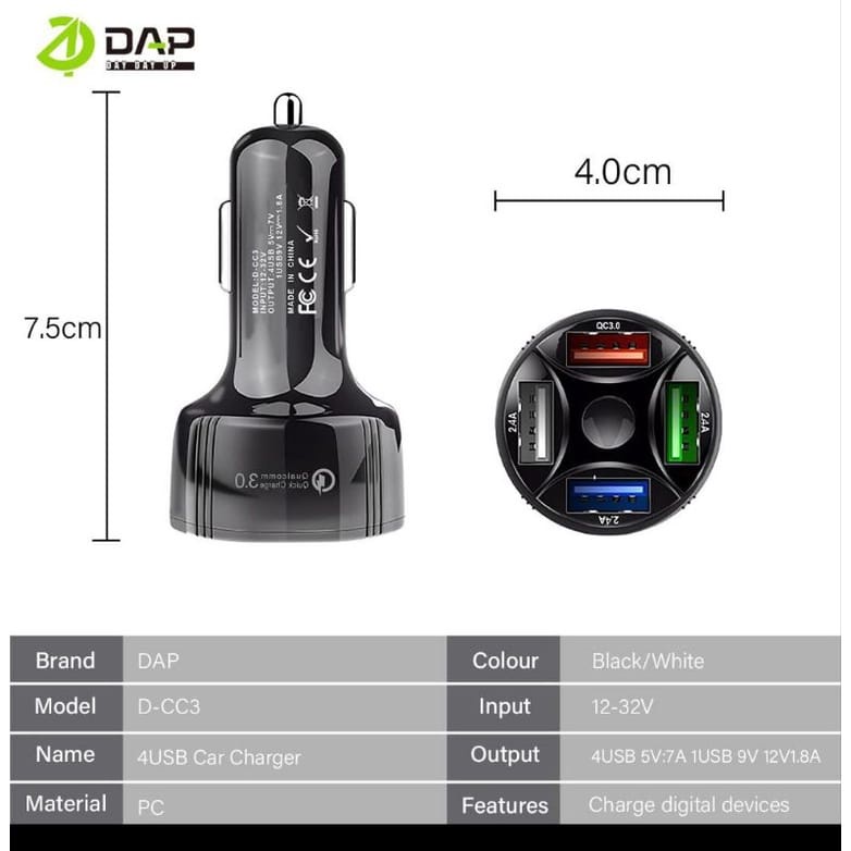 Saver DAP D-CC3 4USD Qualcomm3.0 Charger Mobil DAP D-CC3 4USB Qualcomm 3.0 Casan Mobil DAP D-CC3 4USB Qualcomm3.0 ORIGINAL