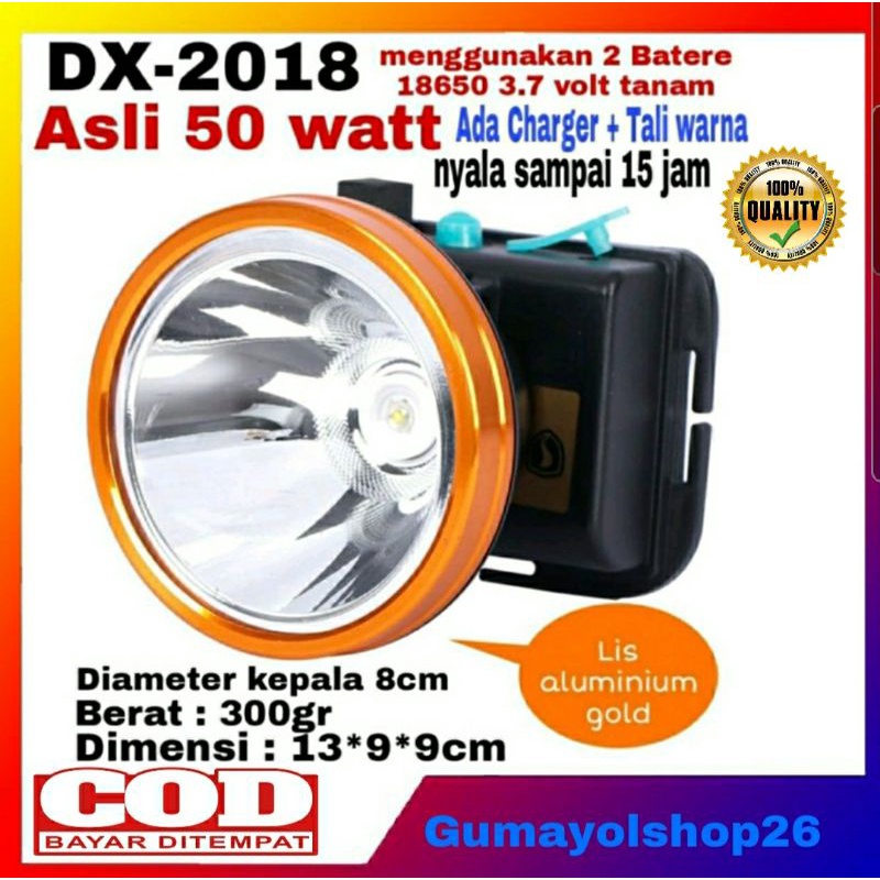 Senter kepala Led 50Watt Charger DX2018 Gold/ Senter Kepala Headlamp 50Watt Super Terang