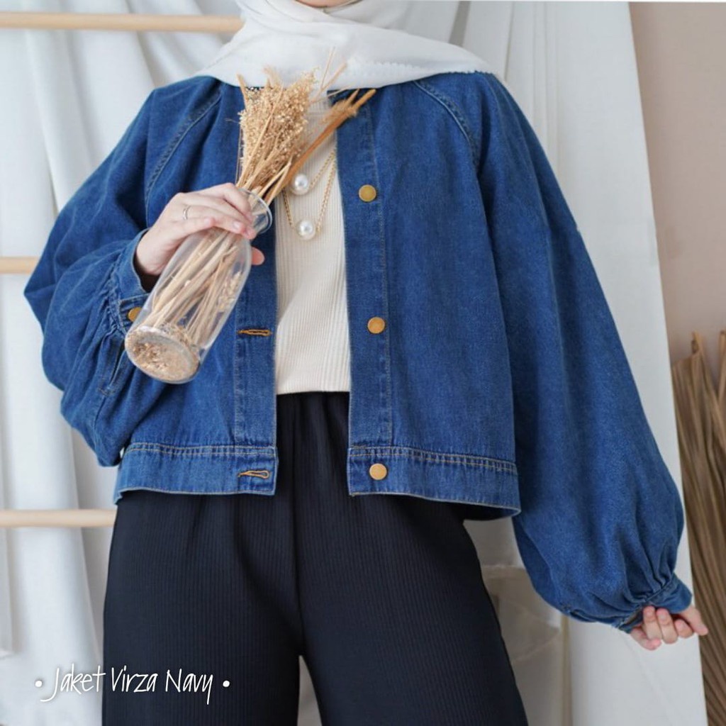 Jaket lengan balon oversize I Jaket Jeans Virza trendy I Jaket kancing Wanita