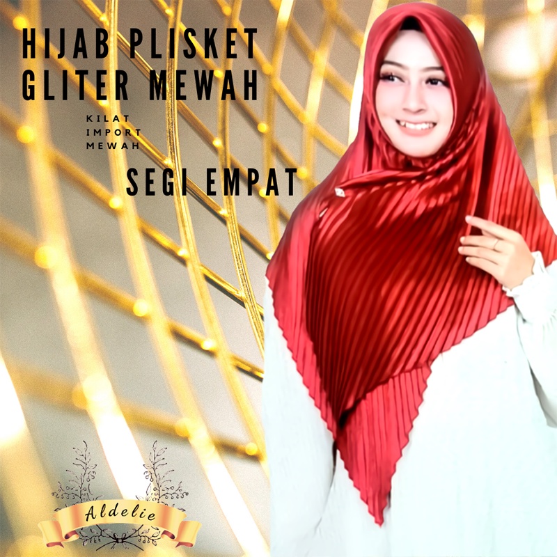 Kerudung Segi Empat Mewah Plisket Gliter Kilat Premium Import Jilbab Pesta Terbaru Semi Jumbo Hijab 