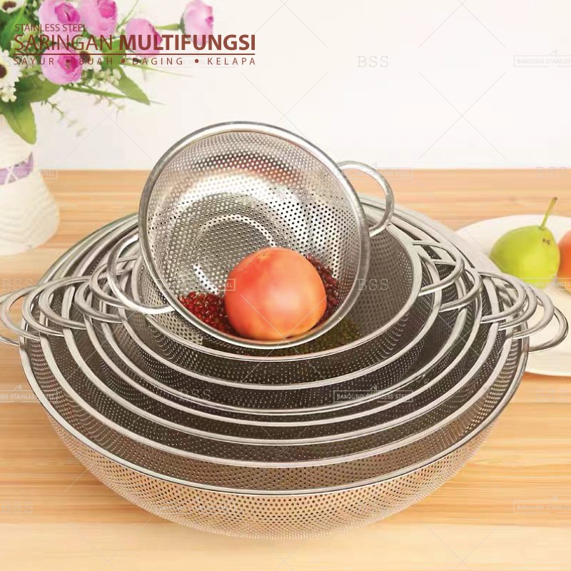 Saringan Multifungsi 28.5cm 31.5cm Cuci Sayur Daging Buah Kelapa Stainless Tebal Murah