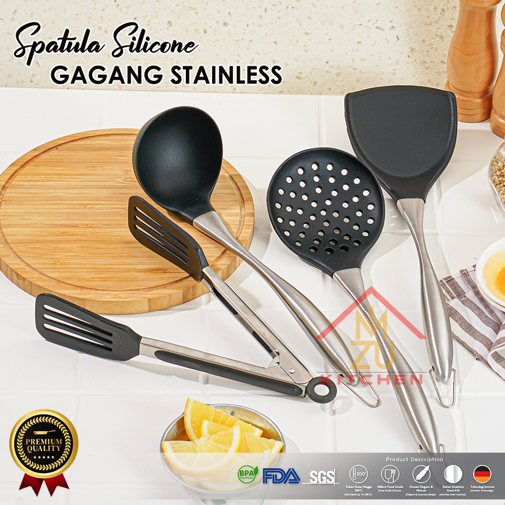 Mizuki Silicone Spatula Skimmer 2032 sutil berlubang Kitchen Set Gagang Stainless Steel Handle BPA-FREE