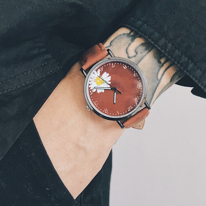 [COD] Jam Tangan Import Gaya Korea Jam Tangan Quartz Analog Casual Gaya Retro Wanita Korea Strap PU Cantik-Bunga coklat