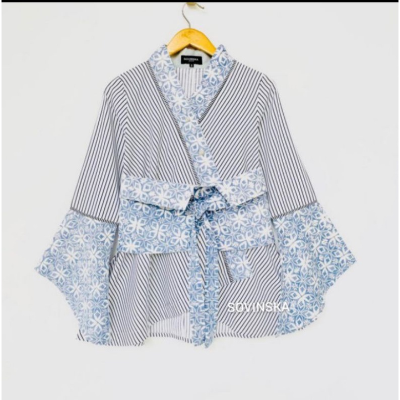 Atasan Batik Kombinasi WP 236 biru blus Blouse atasan wanita baju kerja lengan panjang motif origina