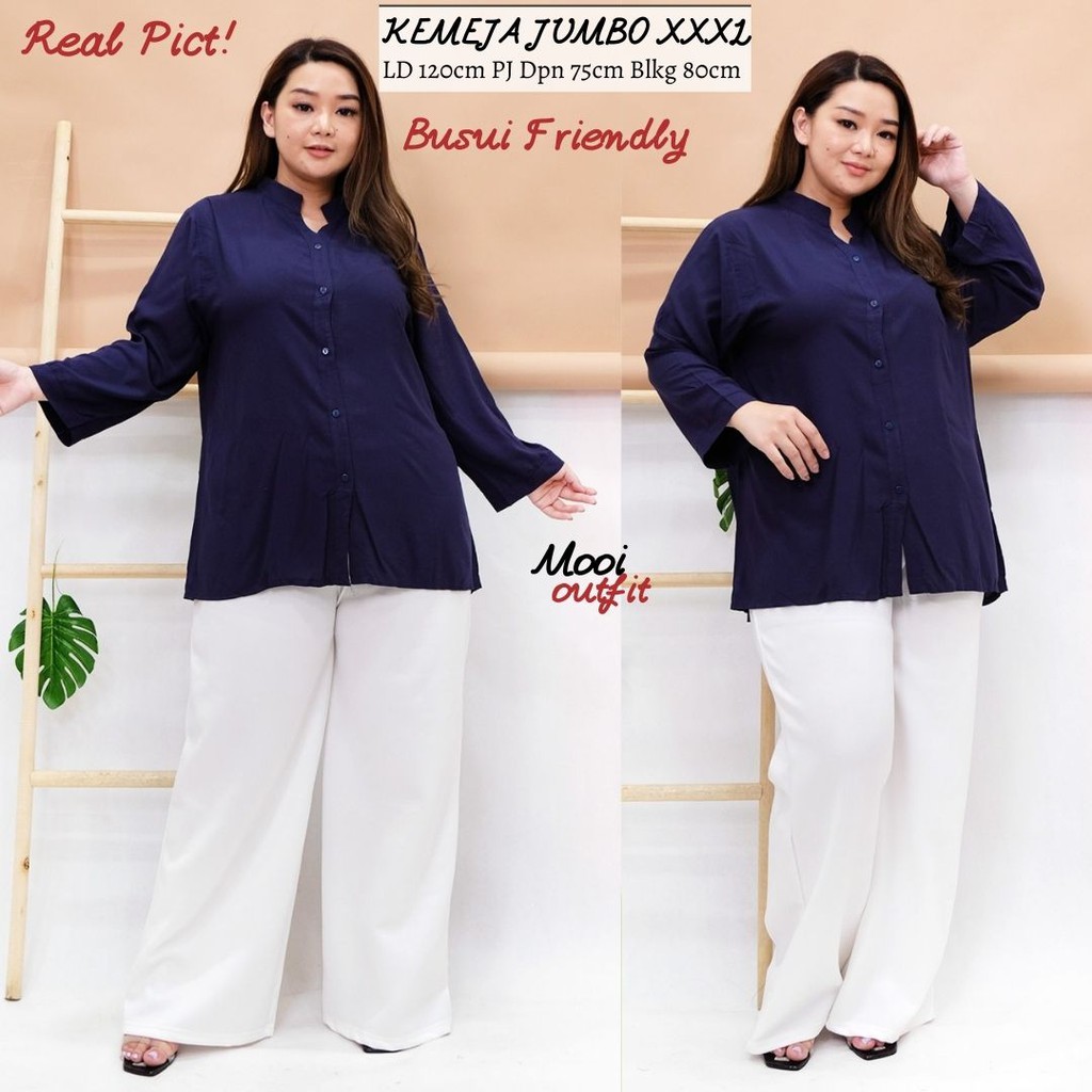 Kemeja Wanita Jumbo Ld 120 Kekinian Bahan Katun Rayon Polos Lengan Panjang Casual Murah