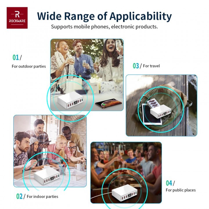 ROCKWARE WLX-T9 Plus - Intelligent 6 USB Charger LED Display - 40W