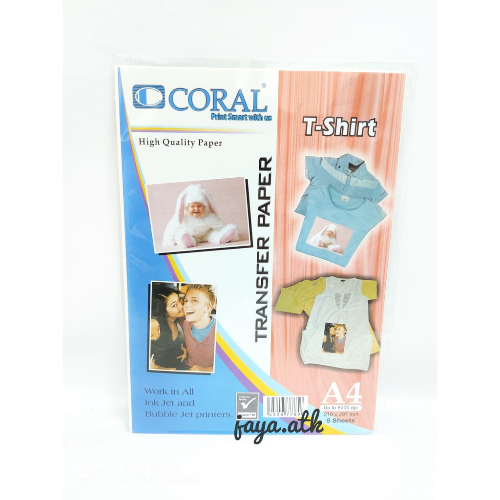 KERTAS FOTO TRANSFER PAPER PHOTO WHITE A4 CETAK FOTO KAOS PUTIH T SHIRT ISI 5 LEMBAR CORAL