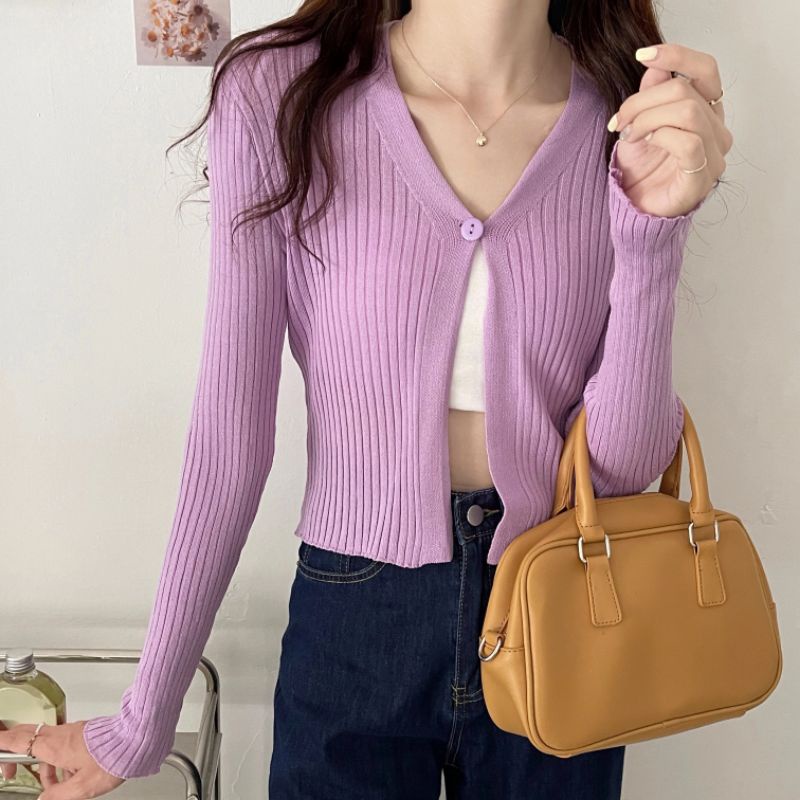 【BISA COD】Single Button v-neck Crop Cardigan Rajut Lengan Panjang Outer Tanpa Kancing