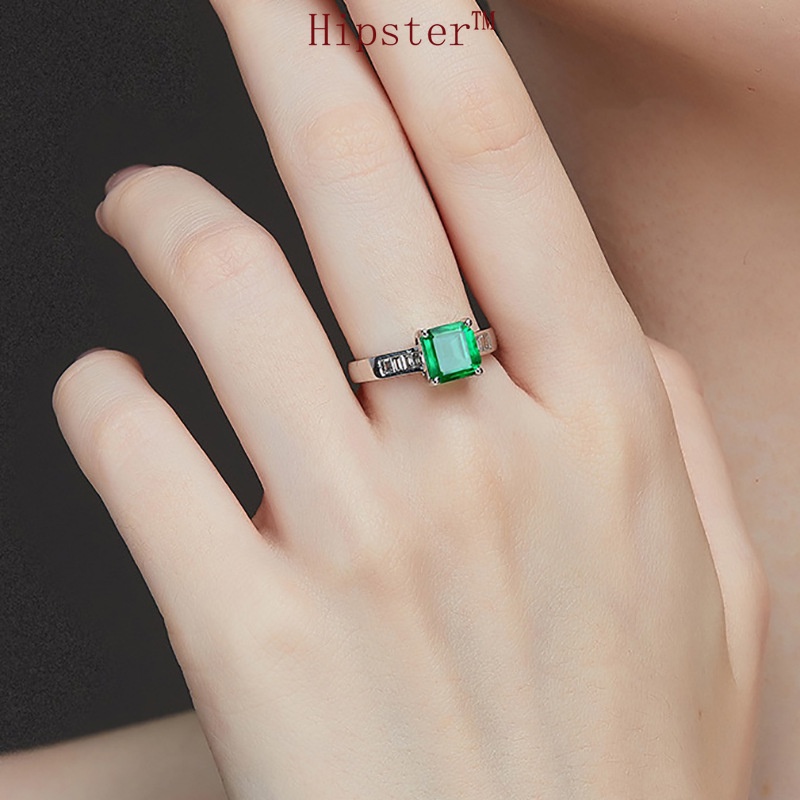 New Hot Sale Fashion Trend Inlaid Rectangular Emerald Color Gem Adjustable Ring