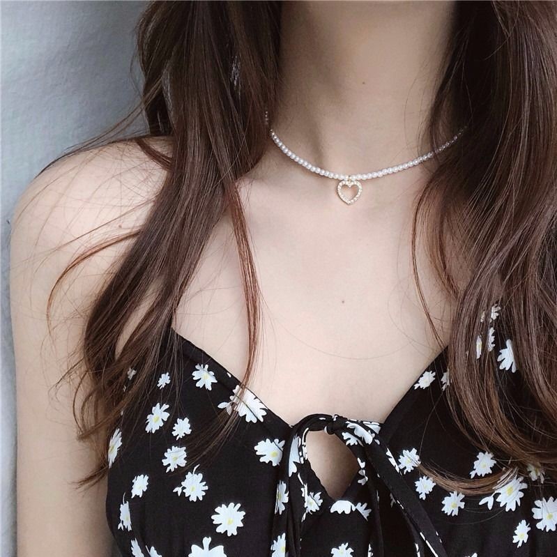 Exquisite Love Diamond Pearl Necklace Clavicle Chain Choker Vintage Jewelry Gift