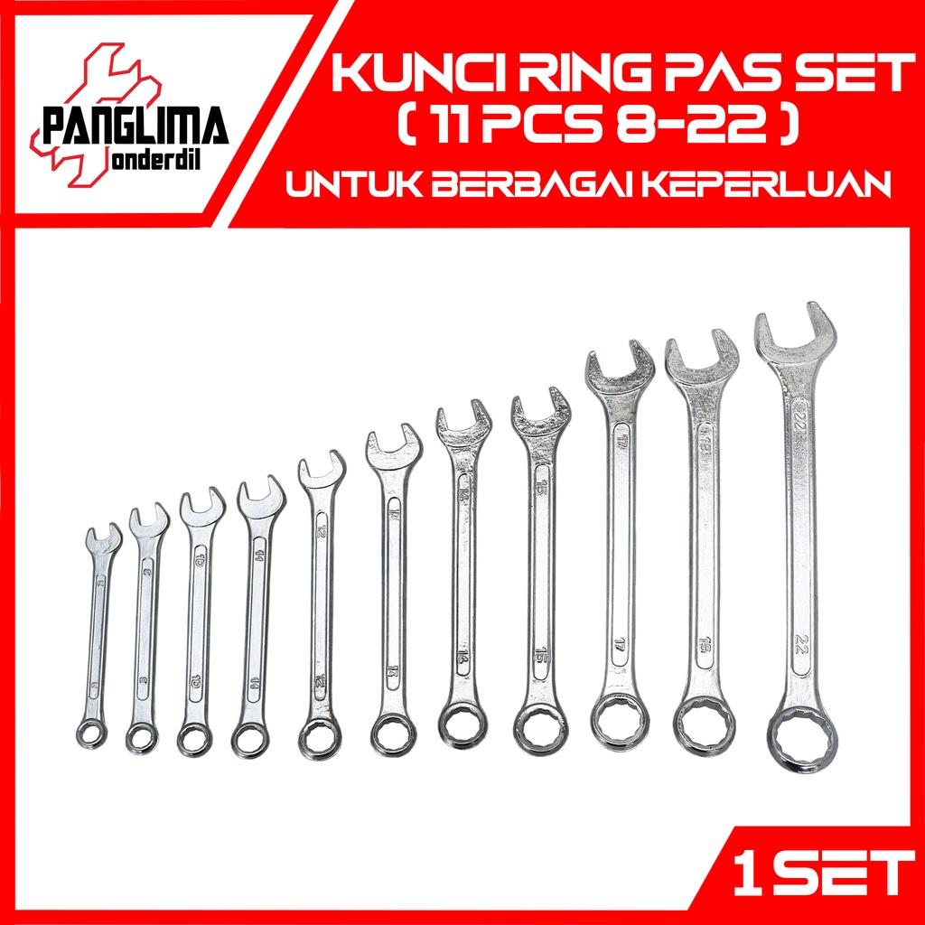 Kunci Ring Pas Set 11 Pcs-Biji 8-22 Open End Wranch 8-9-10-11-12-13-14-15-17-19-22 Alat-Perkakas-Petukangan Bulat