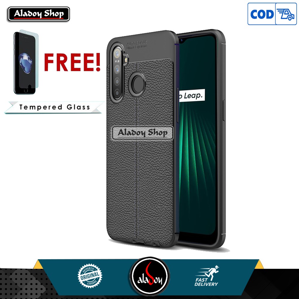 PROMO PAKET Case Autofocus Leather Premium Softcase + Tempered Glass Pelindung Layar Realme 5 / 5i