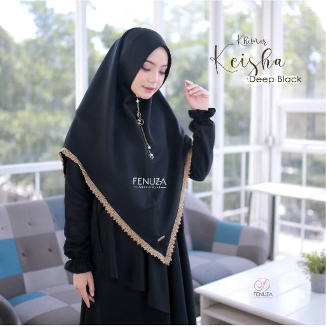 Khimar New Keisha Deep Black Fenuza Moslem Wear - Jilbab Syari Branded Forzen Crepe Hitam Polos