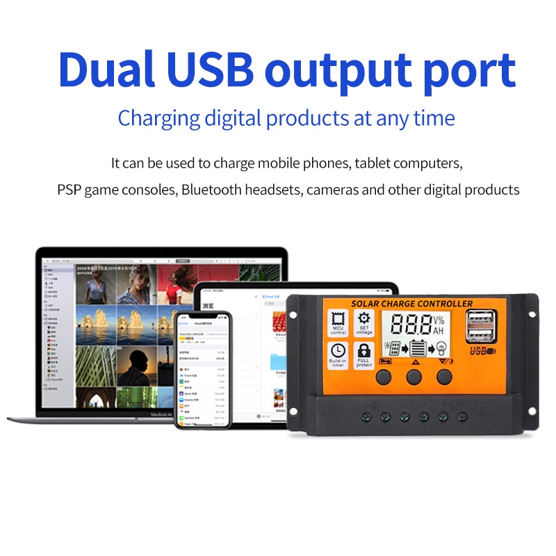 Solar Charger Controller 12V/24V Auto PWM Controllers LCD Display Dual USB Output